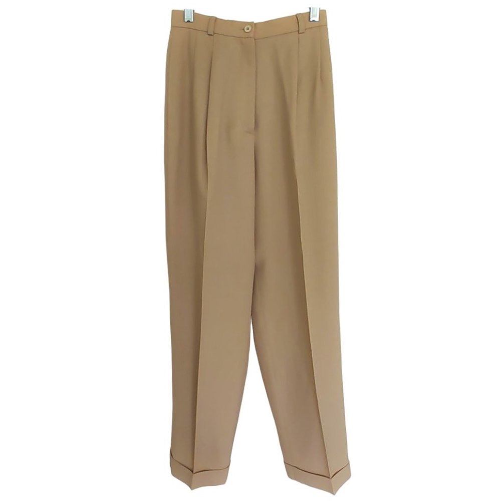 Vintage Talbots Tan High Waist Worsted Wool Lined Cuffed Pleated Trouser Pant 2P